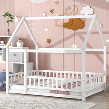 Load image into Gallery viewer, iRerts Floor Full Bed Frame, Wooden Full Size Bed Frame for Girls Boys, Full Bed Frame with House Roof Frame and Fence Guardrails, Toddler House Full Bed Frame for Kids Bedroom Living Room, White