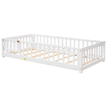Load image into Gallery viewer, iRerts Twin size Floor Platform Bed, Wood Twin Floor Bed Frame for Kids Toddlers, Low Floor Twin Size Bed Frame with Fence Guardrail and Door, kids Twin Bed for Boys Girls, No Box Spring Needed, White