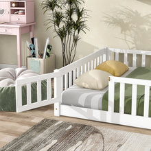 Load image into Gallery viewer, iRerts Full Floor Bed Frame for Kids Toddlers, Wood Low Floor Full Size Bed Frame with Fence Guardrail and Door, kids Full Bed for Boys Girls, No Box Spring Needed, White