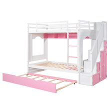 Load image into Gallery viewer, iRerts Wood Bunk Bed Twin over Twin , Modern Twin Over Twin Bunk Bed with Trundle, Storage Cabinet, Stairs and Ladders, Twin Bunk Beds for Kids Teens Adults Bedroom, White/Pink
