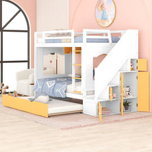 Load image into Gallery viewer, iRerts Wood Bunk Bed Twin over Twin , Modern Twin Over Twin Bunk Bed with Trundle, Storage Cabinet, Stairs and Ladders, Twin Bunk Beds for Kids Teens Adults Bedroom, White/Yellow