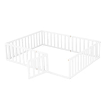 Load image into Gallery viewer, iRerts Queen Floor Bed Frame for Kids Toddlers, Wood Montessori Low Floor Queen Size Bed Frame with Fence Guardrail and Door, kids Queen Bed for Boys Girls, Spring Needed, White