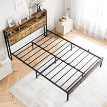 Load image into Gallery viewer, iRerts Queen Platform Bed Frame with Storage Headboard, Metal Queen Bed Frame with Charging Station, Queen Size Bed Frames No Box Spring Needed for Bedroom, Black/Brown