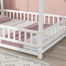 Load image into Gallery viewer, iRerts Full Bed Frame Floor Bed, Wooden Kids Full Bed Frame with House Roof Frame, Floor Full Bed Frame for Toddlers Girls Boys Bedroom, House Floor Bed Frame with Fence Guardrails, White
