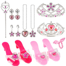 Load image into Gallery viewer, iRerts Girls Princess Dress Up Shoes Set, 12 Pcs Girls Role Play Shoes Pretend Jewelry Toys Set with Crown, Necklace, Earrings, Little Girl Princess Accessories Set for 3-6 Years Olds Girls Gifts