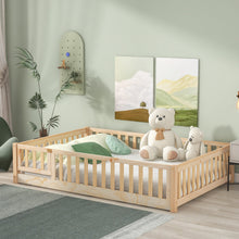 Load image into Gallery viewer, iRerts Full Floor Bed Frame for Kids Toddlers, Wood Low Floor Full Size Bed Frame with Fence Guardrail and Door, kids Full Bed for Boys Girls, No Box Spring Needed, Natural