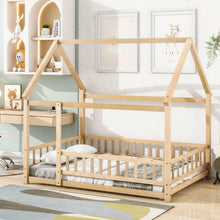 Load image into Gallery viewer, iRerts Full Bed Frame Floor Bed, Wooden Kids Full Bed Frame with House Roof Frame, Floor Full Bed Frame for Toddlers Girls Boys Bedroom, House Floor Bed Frame with Fence Guardrails, Nartural
