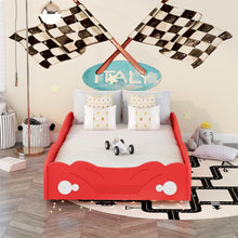 Load image into Gallery viewer, iRerts Wood Twin Platform Bed, Twin Size Car-Shaped Bed Frame for Kids Toddlers Boys Girls, Twin Bed Frame with Complete Guardrails, Bedroom Furniture Twin Size Bed Frame No Box Spring Needed, Red