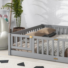 Load image into Gallery viewer, iRerts Queen Floor Bed Frame for Kids Toddlers, Wood Low Floor Queen Size Bed Frame with Fence Guardrail and Door, kids Queen Bed for Boys Girls, No Box Spring Needed, Gray
