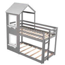 Load image into Gallery viewer, iRerts Low Bunk Beds for for Kids Teens Girls Boys, Wood Twin Over Twin Bunk Bed with Roof Window Guardrail Ladde, Floor Bunk Beds Twin Over Twin No Box Spring Needed for Bedroom, Gray