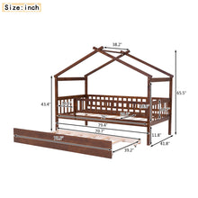 Load image into Gallery viewer, Twin Bed Frame with Twin Size Trundle, iRerts Wood Twin House Bed with Roof, Modern Twin Platform Bed Frame No Box Spring Needed, Twin Size Bed Frame for Kids Boys Girls Bedroom, Walnut