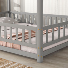 Load image into Gallery viewer, iRerts Full Bed Frame Floor Bed, Wooden Kids Full Bed Frame with House Roof Frame, Floor Full Bed Frame for Toddlers Girls Boys Bedroom, House Floor Bed Frame with Fence Guardrails, Gray