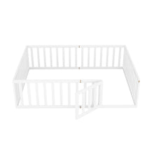 Load image into Gallery viewer, iRerts Queen Floor Bed Frame for Kids Toddlers, Wood Montessori Low Floor Queen Size Bed Frame with Fence Guardrail and Door, kids Queen Bed for Boys Girls, Spring Needed, White