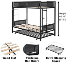 Load image into Gallery viewer, iRerts Metal Bunk Bed with Trundle, Heavy Duty Bunk Beds Twin over Twin for Kids Teens Adults, Twin over Twin Bunk Bed with 2 Ladders and Texteline Guardrail, Twin Bunk Bed for Bedroom, Black