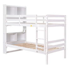 Load image into Gallery viewer, iRerts Wood Twin Bunk Bed, Twin Over Twin Bunk Beds with Bookcase Headboard, Can Be Converted into 2 Beds, Bunk Bed Twin Over Twin for Kids Teens Bedroom, No Box Spring Required, White