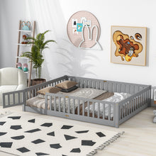 Load image into Gallery viewer, iRerts Queen Floor Bed Frame for Kids Toddlers, Wood Low Floor Queen Size Bed Frame with Fence Guardrail and Door, kids Queen Bed for Boys Girls, No Box Spring Needed, Gray