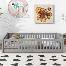 Load image into Gallery viewer, iRerts Queen Floor Bed Frame for Kids Toddlers, Wood Low Floor Queen Size Bed Frame with Fence Guardrail and Door, kids Queen Bed for Boys Girls, No Box Spring Needed, Gray