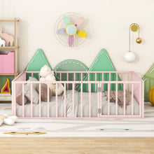Load image into Gallery viewer, iRerts Full Floor Bed Frame, Metal Full Size Montessori Floor Bed Frame with Fence and Door, Kids Toddler Floor Bed Frame Full Size for Girls Boys, Twin Bed Frame without Bed Slats, Pink