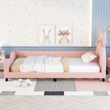 Load image into Gallery viewer, iRerts Twin Size Upholstered Daybed, Wooden Low Daybed Frame for Kids Teens with Cartoon Ears Headboard, Cute Kids Twin Bed Frame No Box Spring Needed, Twin Daybed Platform Bed Frame, Pink