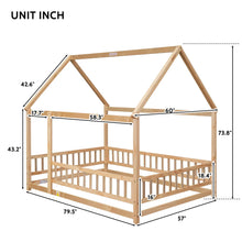Load image into Gallery viewer, iRerts Floor Full Bed Frame, Wooden Full Size Bed Frame for Girls Boys, Full Bed Frame with House Roof Frame and Fence Guardrails, Toddler House Full Bed Frame for Kids Bedroom Living Room, Nartural