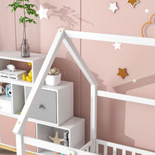 Load image into Gallery viewer, iRerts Floor Full Bed Frame, Wooden Full Size Bed Frame for Girls Boys, Full Bed Frame with House Roof Frame and Fence Guardrails, Toddler House Full Bed Frame for Kids Bedroom Living Room, White