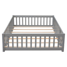 Load image into Gallery viewer, iRerts Full Floor Bed Frame for Kids Toddlers, Wood Low Floor Full Size Bed Frame with Fence Guardrail and Door, kids Full Bed for Boys Girls, No Box Spring Needed, Gray