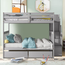 Load image into Gallery viewer, iRerts Bunk Beds Full over Full, Wood Bunk Bed for Kids Teens Adults, Full Over Full Bunk Bed with 2 Drawers and Staircases, Convertible into 2 Beds, Modern Bunk Beds for Bedroom Dorm, Gray