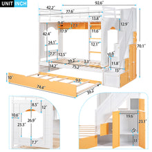 Load image into Gallery viewer, iRerts Twin Over Twin Bunk Bed with Trundle, Solid Wood Bunk Beds Twin over Twin with Storage Cabinet, Stairs and Ladders, Twin Bunk Beds for Kids Teens Bedroom, White/Yellow