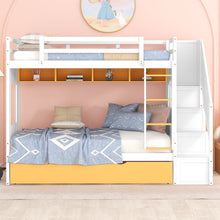 Load image into Gallery viewer, iRerts Wood Bunk Bed Twin over Twin , Modern Twin Over Twin Bunk Bed with Trundle, Storage Cabinet, Stairs and Ladders, Twin Bunk Beds for Kids Teens Adults Bedroom, White/Yellow