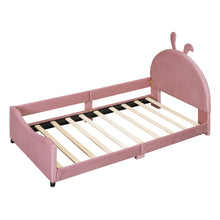 Load image into Gallery viewer, iRerts Upholstered Twin Daybed Frame for Kids, Velvet Twin Platform Bed Frame with Rabbit Ear Shaped Headboard and Footboard, Wood Twin Size Sofa Bed for Girls Boys, Pink