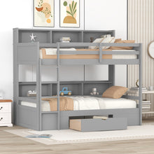 Load image into Gallery viewer, iRerts Wood Bunk Bed, Twin Over Twin Bunk Bed with Built-in Shelves Beside both Upper and Down Bed and Storage Drawer, Twin Bunk Bed for Kids Teens Boys Girls Bedroom, No Box Spring Needed, Gray