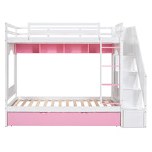 Load image into Gallery viewer, iRerts Twin Over Twin Bunk Bed with Trundle, Solid Wood Bunk Beds Twin over Twin with Storage Cabinet, Stairs and Ladders, Twin Bunk Beds for Kids Teens Bedroom, White/Pink