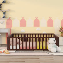 Load image into Gallery viewer, iRerts Queen Floor Bed Frame for Kids Toddlers, Wood Montessori Low Floor Queen Size Bed Frame with Fence Guardrail and Door, kids Queen Bed for Boys Girls, Spring Needed, Walnut