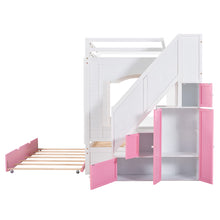 Load image into Gallery viewer, iRerts Wood Bunk Bed Full over Full, Modern Full Over Full Bunk Bed with Trundle, Storage Cabinet, Stairs and Ladders, Full Bunk Beds for Kids Teens Adults Bedroom, White/Pink