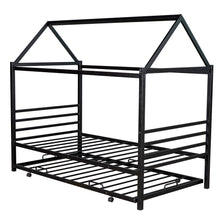 Load image into Gallery viewer, iRerts Twin Size Metal House Shape Bed Frame with Trundle, Modern Twin Platform Bed Frame with Metal Slats, Twin Bed Frame No Box Spring Needed, Twin Size Bed Frame for Kids Bedroom, Black
