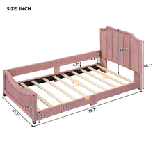 Load image into Gallery viewer, iRerts Upholstered Twin Platform Bed Frame, Velvet Twin Daybed Frame with Classic Stripe Shaped Headboard and Footboard, Wood Twin Size Sofa Bed for Kids Girls Boys, No Box Spring Needed, Pink