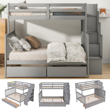 Load image into Gallery viewer, iRerts Bunk Beds Twin Over Full, Wood Bunk Bed for Kids Teens Adults, Twin Over Full Bunk Bed with 2 Drawers and Staircases, Convertible into 2 Beds, Modern Bunk Beds for Bedroom Dorm, Gray