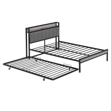 Load image into Gallery viewer, iRerts Metal Full Platform Bed Frame with Trundle, Industrial Full Bed Frame with Storage Upholstered Headboard, USB Ports, Socket, Full Size Bed Frame No Box Spring Needed for Bedroom, Black