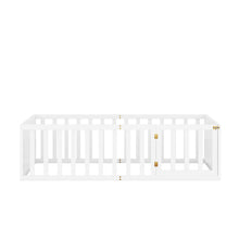 Load image into Gallery viewer, iRerts Twin Floor Bed Frame for Kids Toddlers, Wood Montessori Low Floor Twin Size Bed Frame with Fence Guardrail and Door, kids Twin Bed for Boys Girls, Spring Needed, White