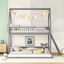 Load image into Gallery viewer, iRerts Twin Over Twin Bunk Bed with Extending Trundle, Wood Bunk Bed Twin Over Twin with Ladder and Roof, Versatility Kids Bunk Bed No Box Spring Needed for Boys Girls Bedroom Furniture, Gray