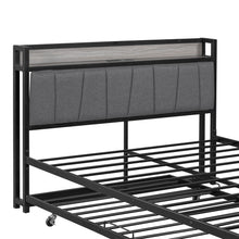 Load image into Gallery viewer, iRerts Metal Full Platform Bed Frame with Trundle, Industrial Full Bed Frame with Storage Upholstered Headboard, USB Ports, Socket, Full Size Bed Frame No Box Spring Needed for Bedroom, Black
