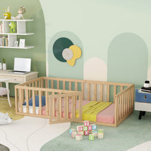 Load image into Gallery viewer, iRerts Twin Floor Bed Frame for Kids Toddlers, Wood Montessori Low Floor Twin Size Bed Frame with Fence Guardrail and Door, kids Twin Bed for Boys Girls, Spring Needed, Natural