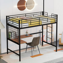 Load image into Gallery viewer, iRerts Twin Loft Bed Frame, Modern Twin Metal Loft Bed with Desk and Metal Grid, Twin Loft Bed with Ladder and Guardrail, No Box Spring Needed, Twin Size Loft Bed for Bedroom Apartment, Black