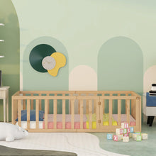 Load image into Gallery viewer, iRerts Twin Floor Bed Frame for Kids Toddlers, Wood Montessori Low Floor Twin Size Bed Frame with Fence Guardrail and Door, kids Twin Bed for Boys Girls, Spring Needed, Natural
