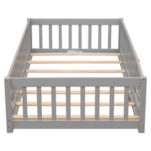 Load image into Gallery viewer, iRerts Twin Floor Bed Frame for Kids Toddlers, Wood Low Floor Twin Size Bed Frame with Fence Guardrail and Door, kids Twin Bed for Boys Girls, No Box Spring Needed, Gray