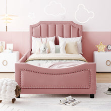 Load image into Gallery viewer, iRerts Upholstered Twin Platform Bed Frame, Velvet Twin Daybed Frame with Classic Stripe Shaped Headboard and Footboard, Wood Twin Size Sofa Bed for Kids Girls Boys, No Box Spring Needed, Pink