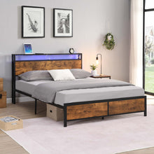 Load image into Gallery viewer, iRerts Full Bed Frame with LED Lights and 2 USB Ports, Industrial Metal Full Platform Bed Frame with Storage Shelf Headboard, No Box Spring Needed, Full Size Bed Frames for Bedroom, Rustic Brown
