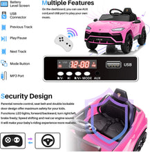 Load image into Gallery viewer, iRerts 12V Ride on Toys for Boys Girls, Licenced Lamborghini Electric Battery Powered Ride on Cars with Remote Control, LED Light, Radio, USB Port, AUX