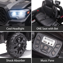 Load image into Gallery viewer, iRerts Black 12V Toyota Tacoma Powered Ride On Cars with Remote Control, USB, AUX, MP3, FM Function, LED Headlight