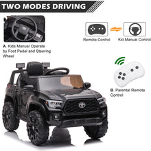 Load image into Gallery viewer, iRerts Black 12V Toyota Tacoma Powered Ride On Cars with Remote Control, USB, AUX, MP3, FM Function, LED Headlight
